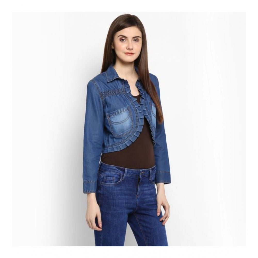 Snuggle Spot Women's Denim Pleated 3-4th Sleeves Shrug (Blue)