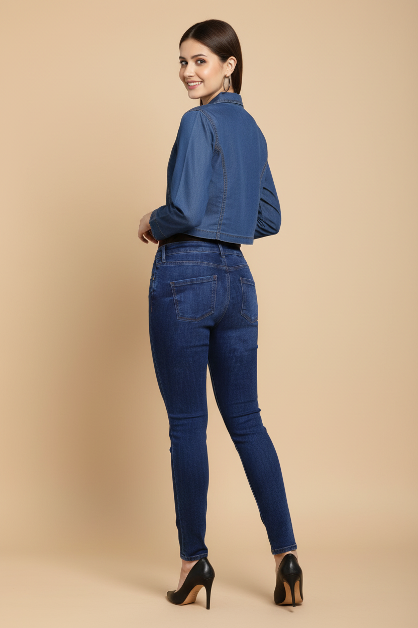 Snuggle Spot Women's Denim Pleated 3-4th Sleeves Shrug (Blue)