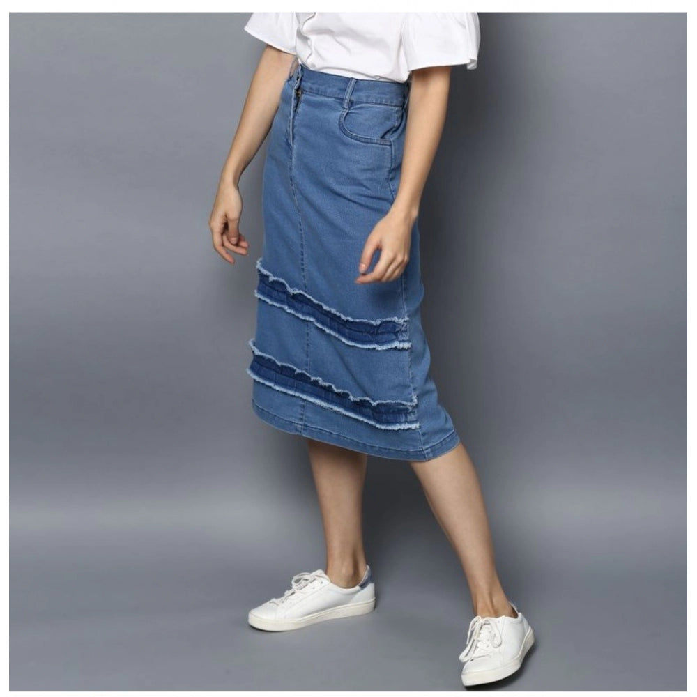 Snuggle Spot Women's Denim Washed Buttoned Skirt (Blue)