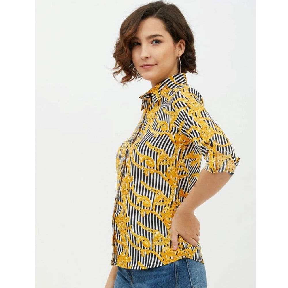 Snuggle Spot Women's Polyester Printed Roll Up Sleeve Standard Length Shirt (Mustared)