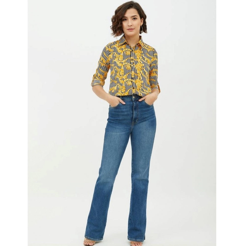 Snuggle Spot Women's Polyester Printed Roll Up Sleeve Standard Length Shirt (Mustared)