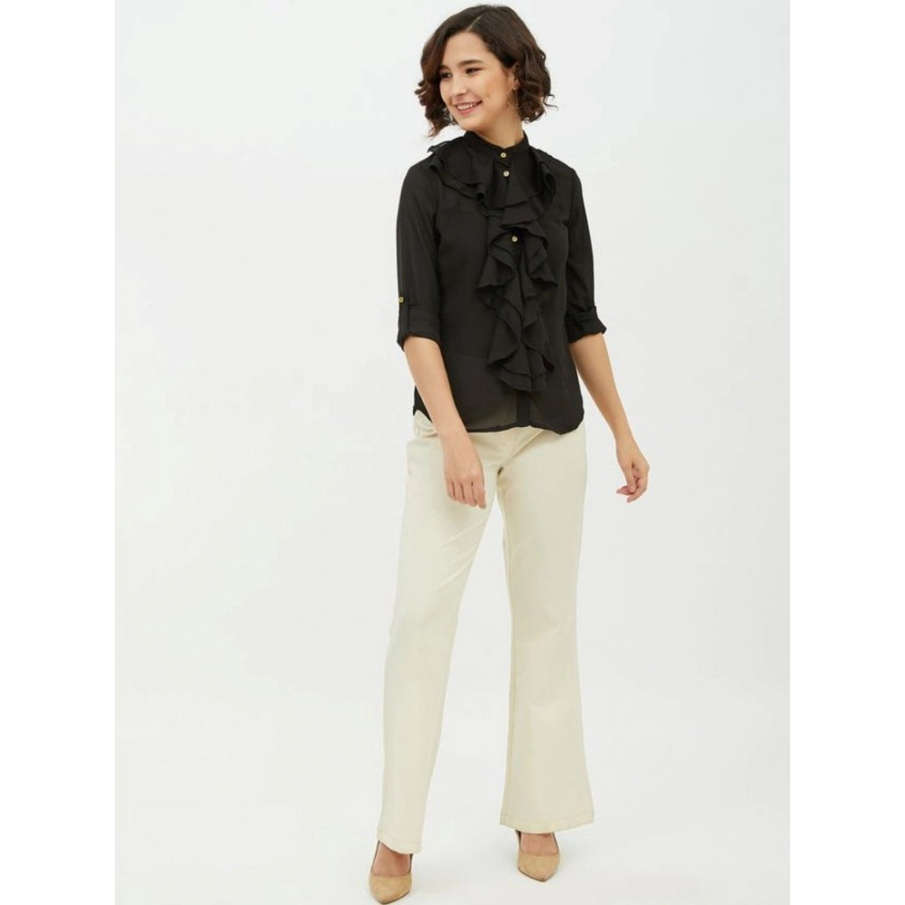 Snuggle Spot Women's Polyester Ruffled Long Sleeves Standard Length Shirt (Black)