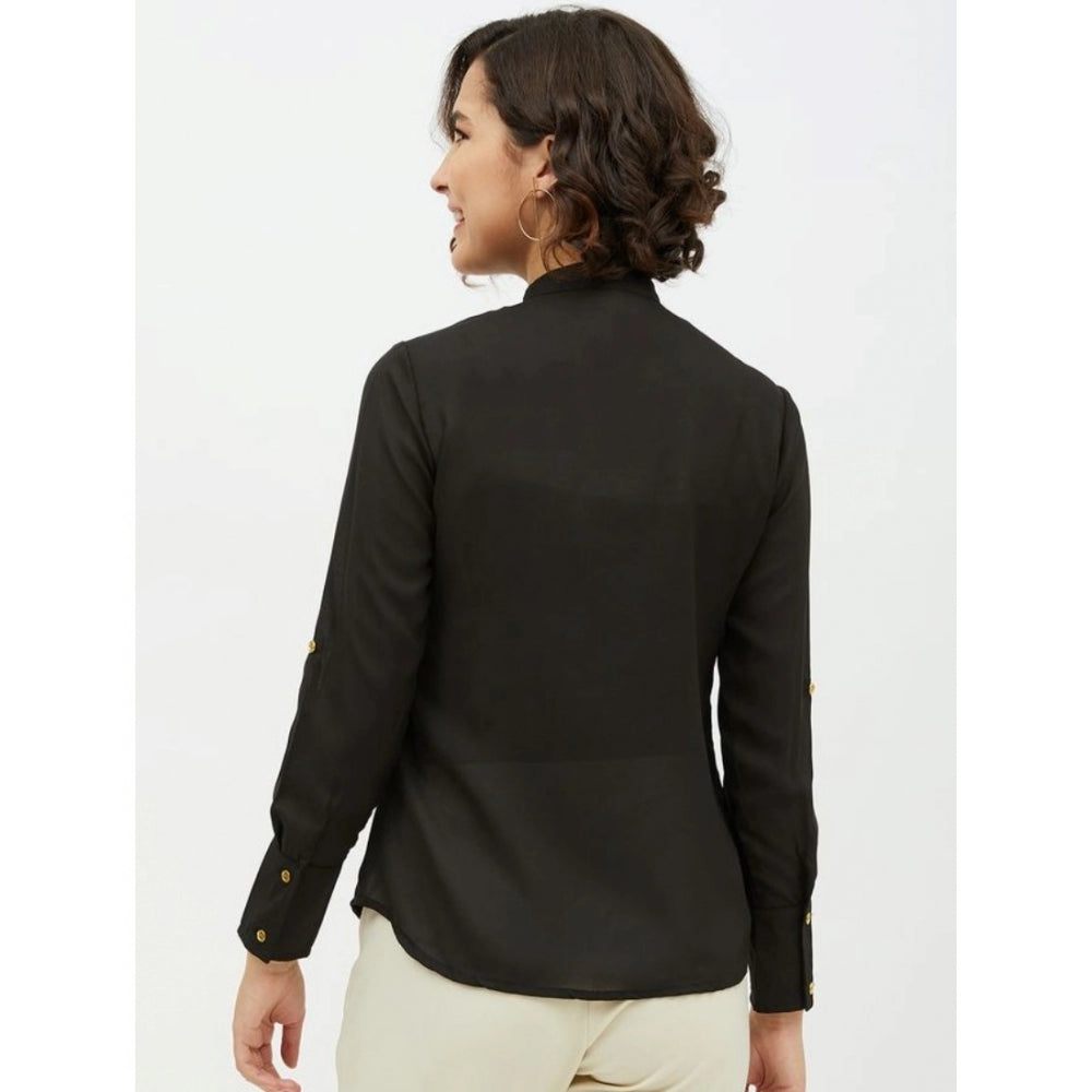 Snuggle Spot Women's Polyester Ruffled Long Sleeves Standard Length Shirt (Black)
