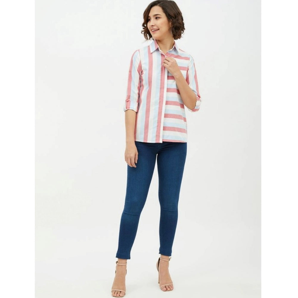 Snuggle Spot Women's Cotton Striped Long Sleeves Standard Length Shirt (Pink)