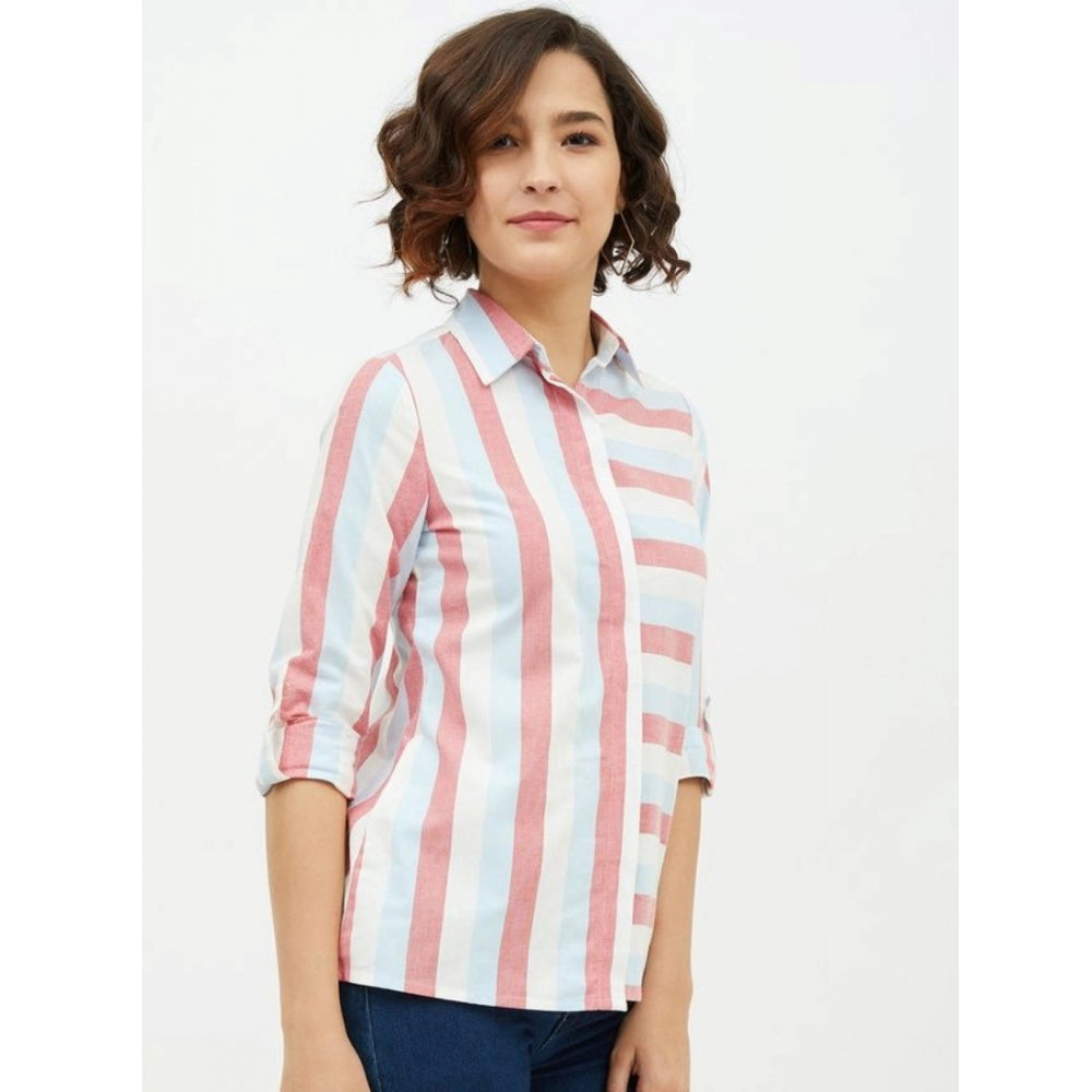 Snuggle Spot Women's Cotton Striped Long Sleeves Standard Length Shirt (Pink)