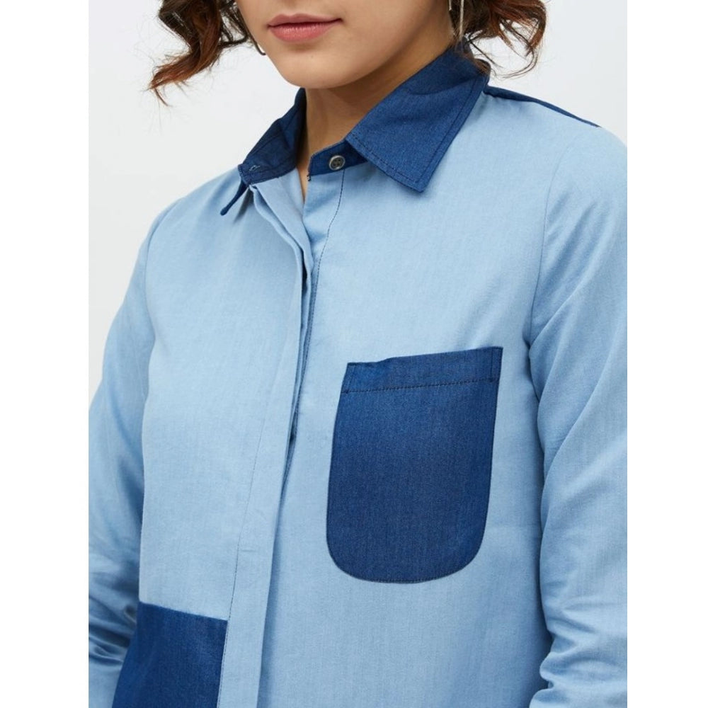 Snuggle Spot Women's Denim Patch Work Long Sleeves Standard Length Shirt (Blue)
