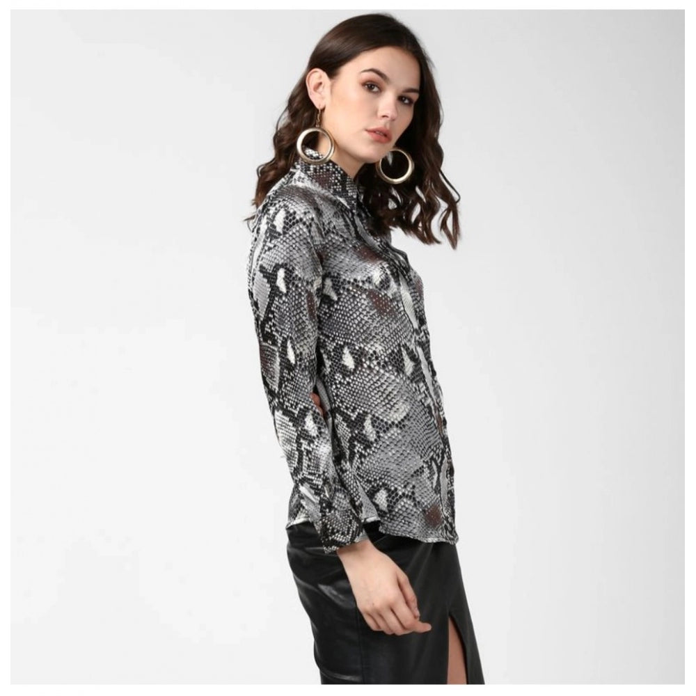 Snuggle Spot Women's Satin Animal Print Long Sleeves Standard Length Shirt (Black - Grey)