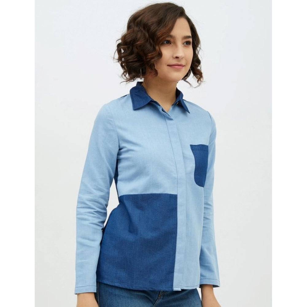 Snuggle Spot Women's Denim Patch Work Long Sleeves Standard Length Shirt (Blue)