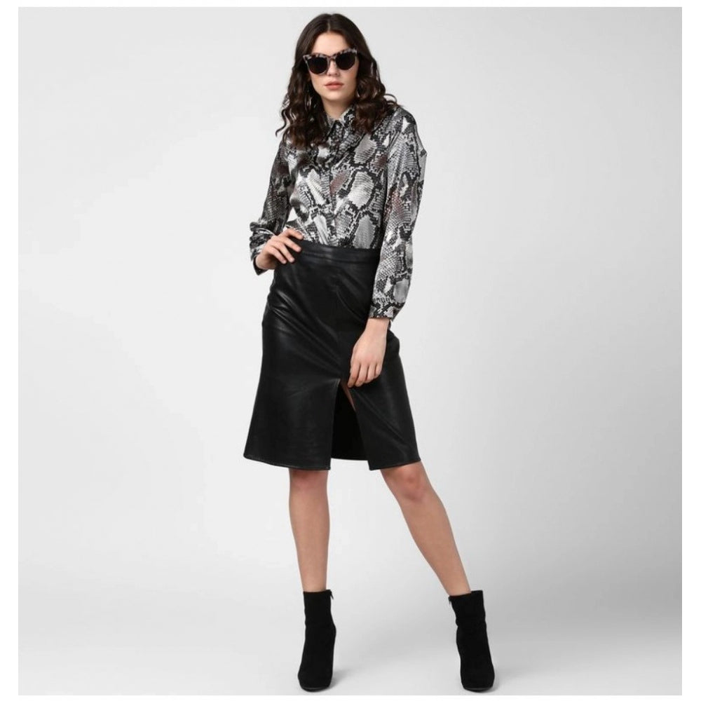 Snuggle Spot Women's Satin Animal Print Long Sleeves Standard Length Shirt (Black - Grey)