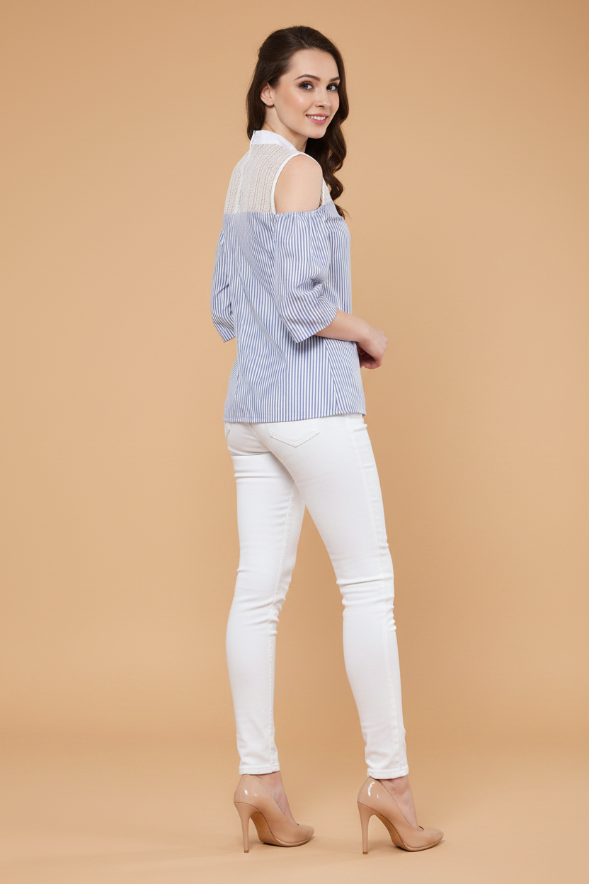Snuggle Spot Women's Cotton Striped Cold Shoulder Top (Blue)