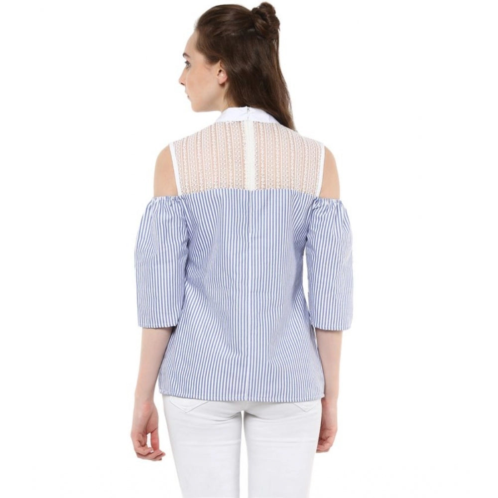 Snuggle Spot Women's Cotton Striped Cold Shoulder Top (Blue)