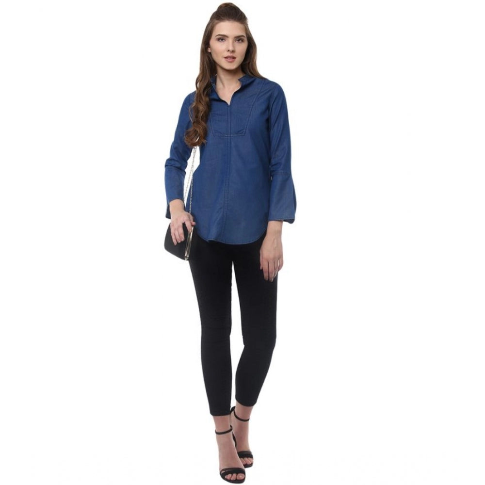 Snuggle Spot Women's Denim Solid Bell Sleeve Regular Top (Blue Denim)