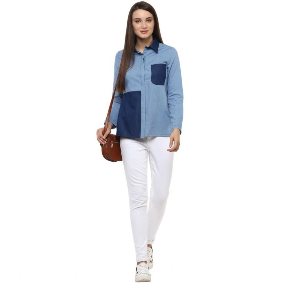 Snuggle Spot Women's Denim Patch Work Long Sleeves Regular Top (Blue)