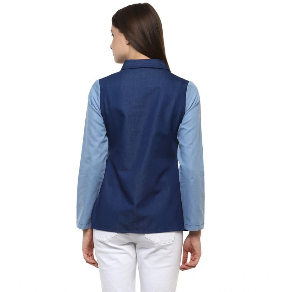Snuggle Spot Women's Denim Patch Work Long Sleeves Regular Top (Blue)