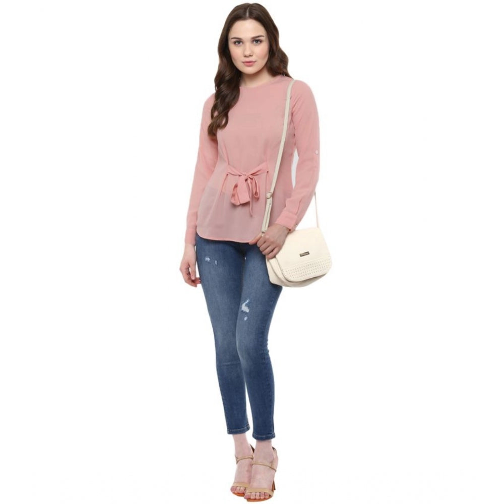 Snuggle Spot Women's Polyester Solid Long Sleeves Regular Top (Pink)