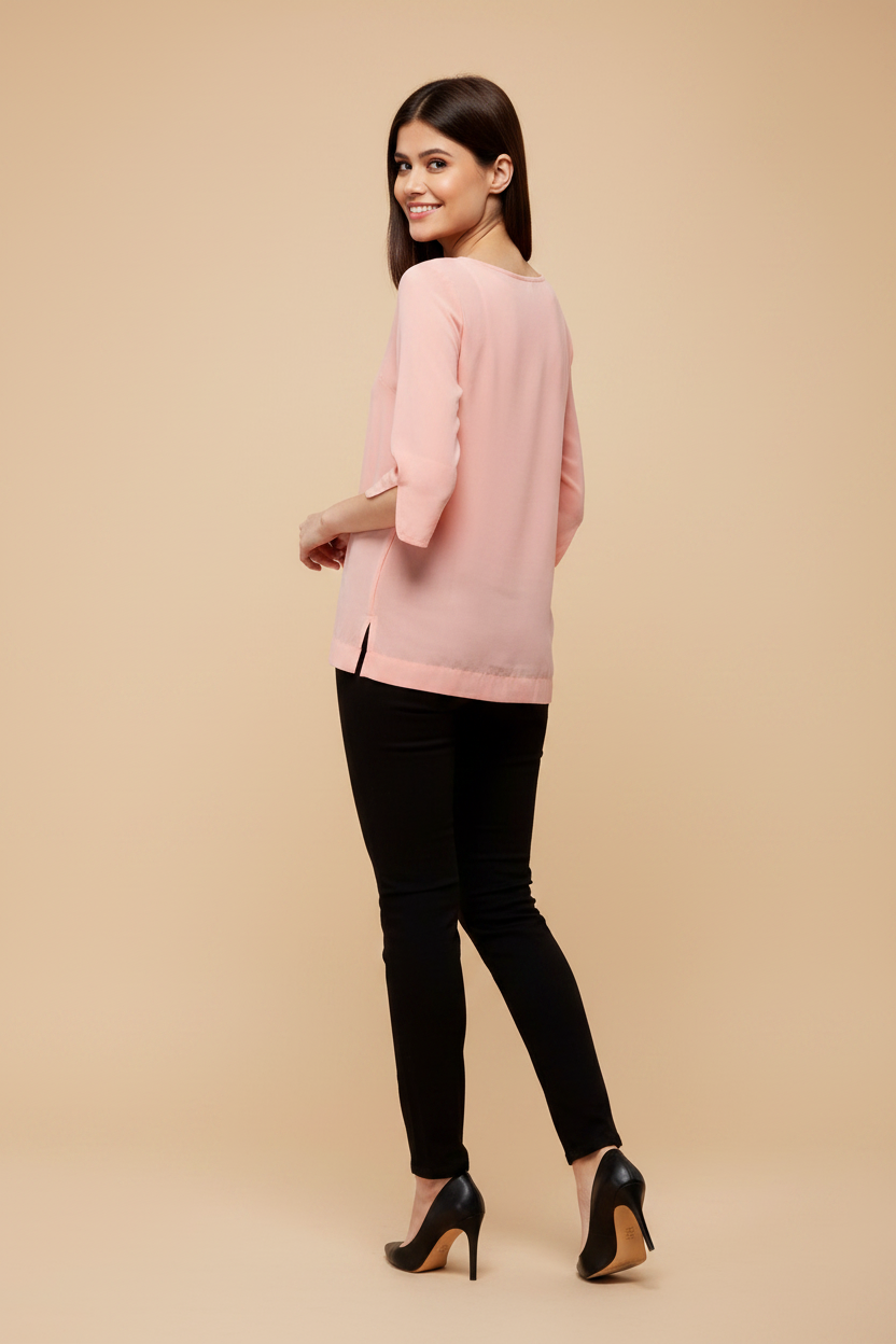 Snuggle Spot Women's Polyester Solid 3-4th Sleeves Regular Top (Peach)