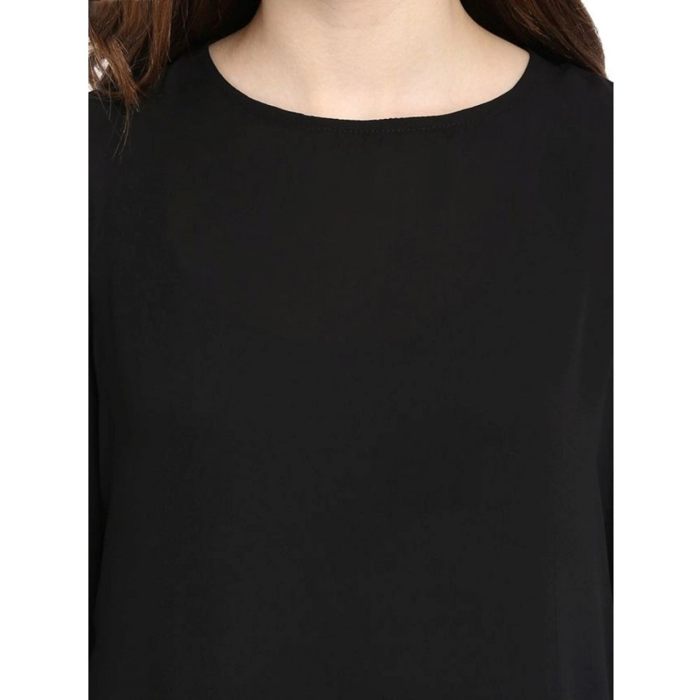 Snuggle Spot Women's Polyester Georgette Self Design Bell Sleeve Regular Top (Black)