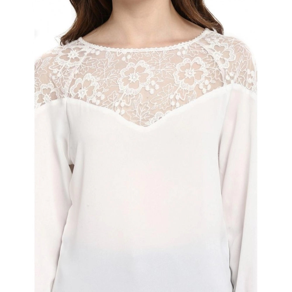 Snuggle Spot Women's Polyester Georgette Self Design 3-4th Sleeves Regular Top (White)