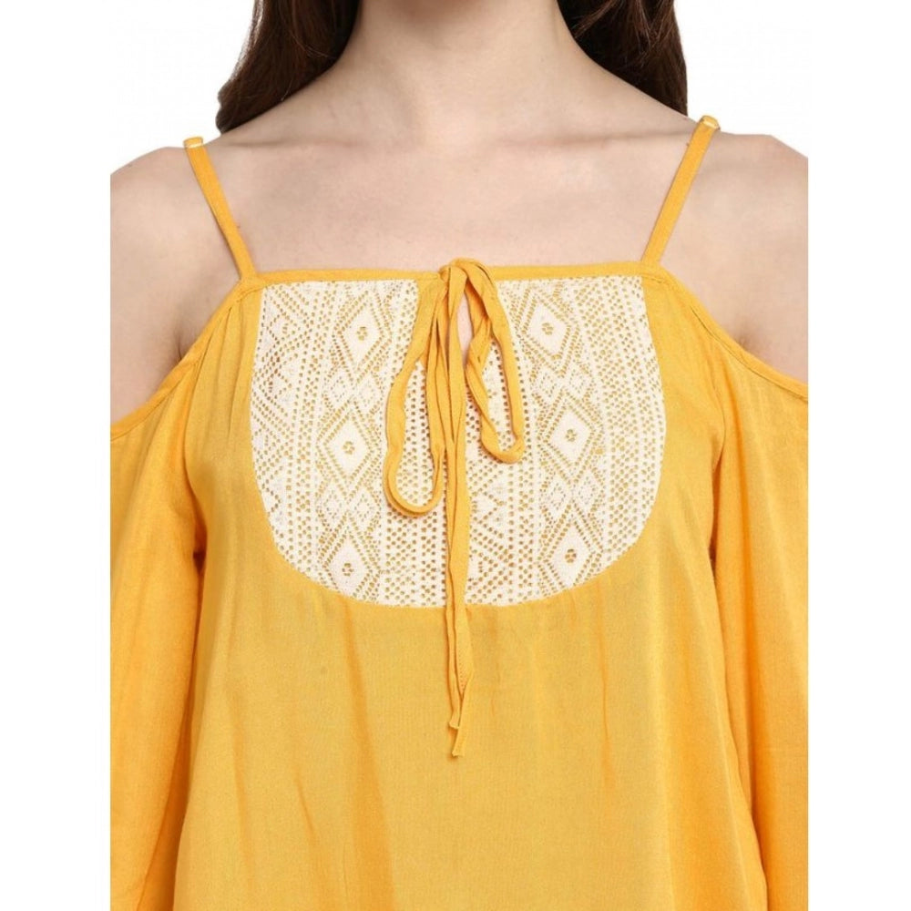 Snuggle Spot Women's Rayon Embellished Cold Shoulder Regular Top (Mustard Yellow)