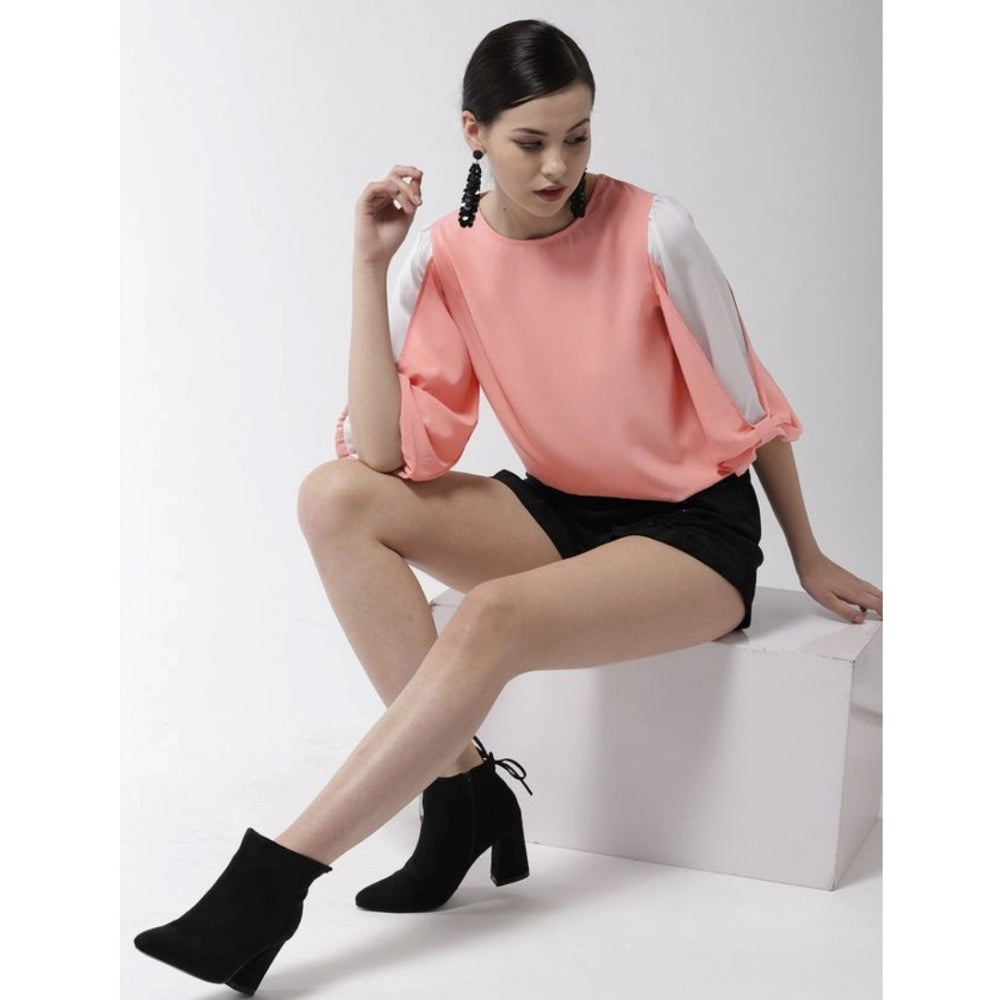 Snuggle Spot Women's Polyester Colour Block Slit Sleeve Top (Pink)