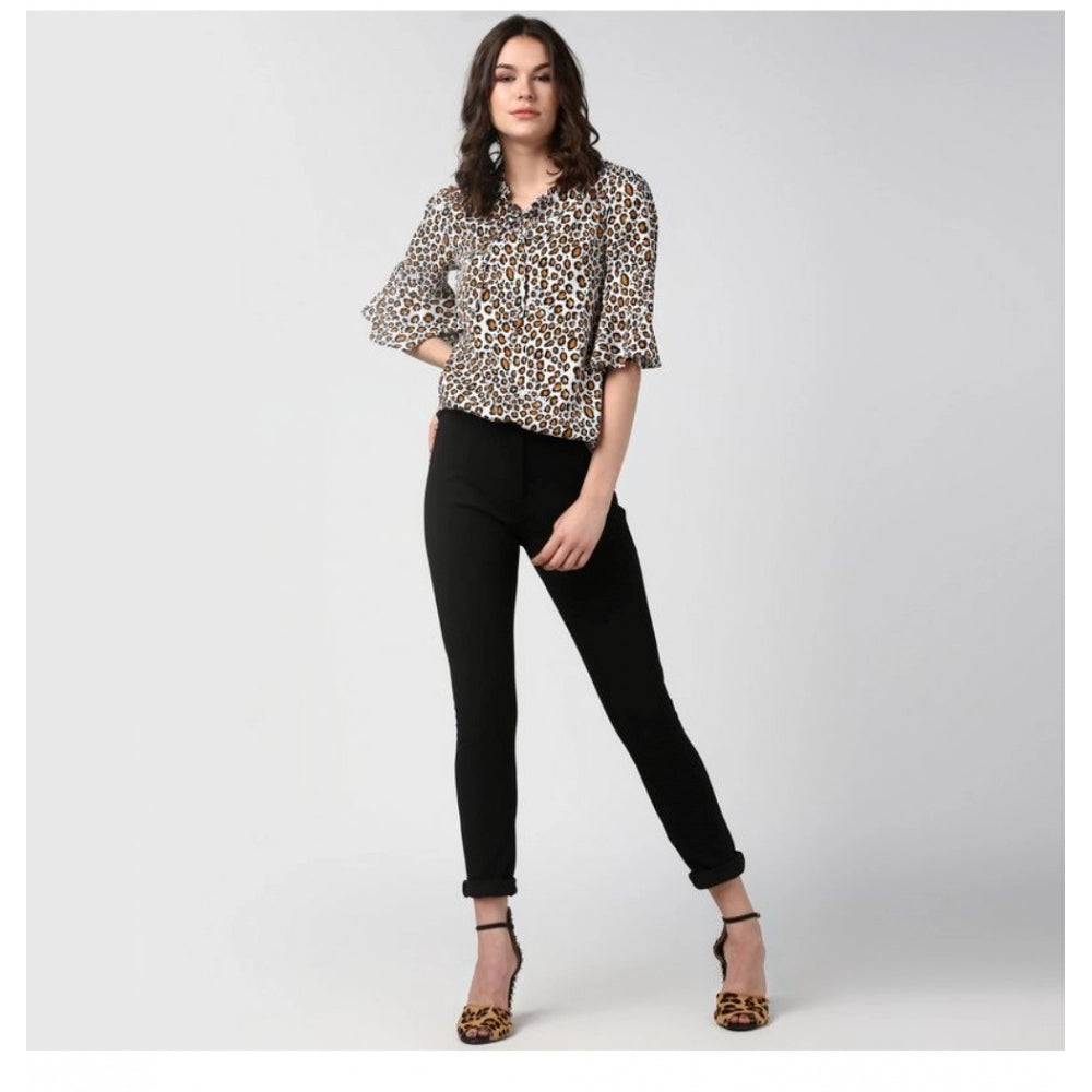 Snuggle Spot Women's Polyester Animal Print Bell Sleeve Top (Orange - Black)