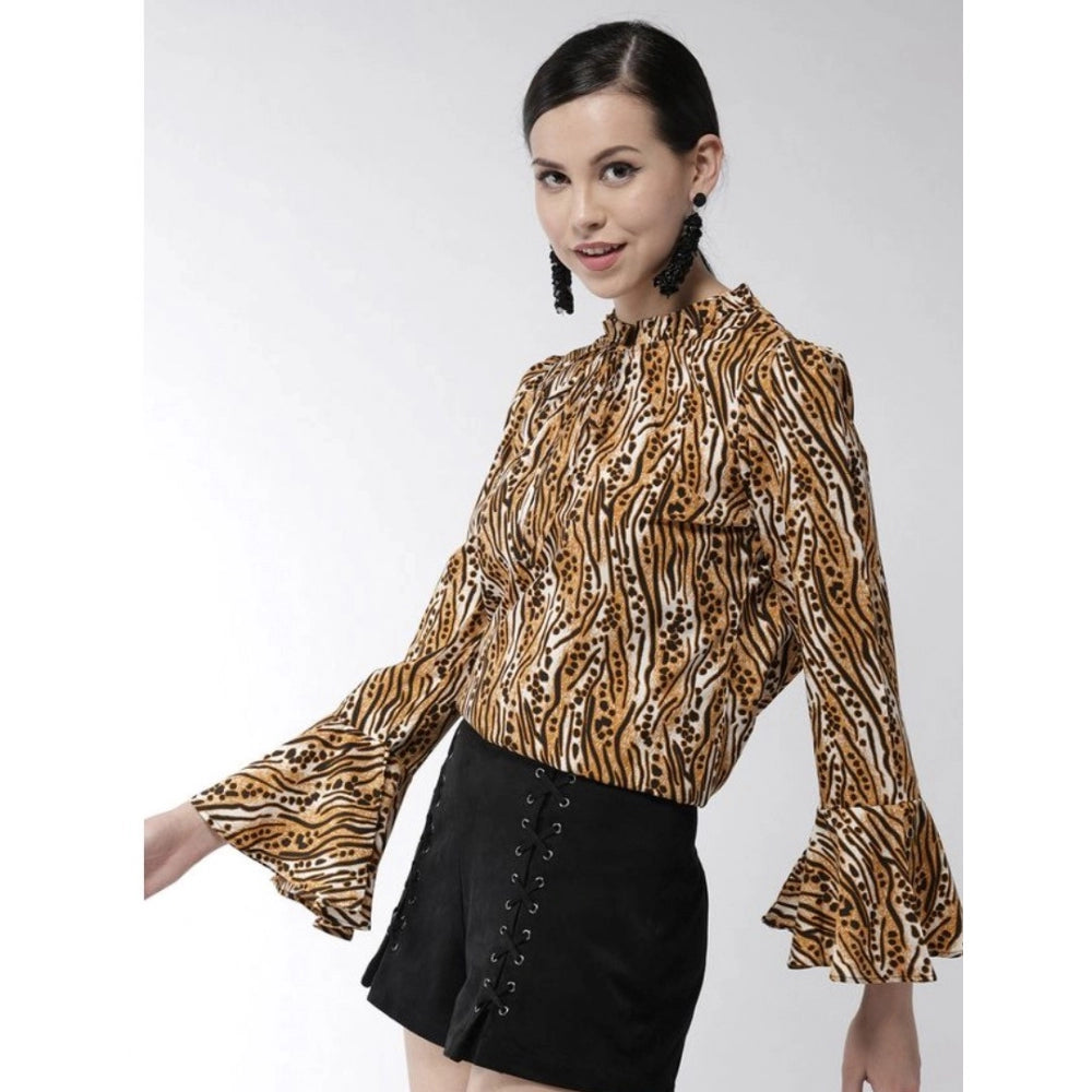 Snuggle Spot Women's Polyester Printed Bell Sleeve Top (Orange - Black)