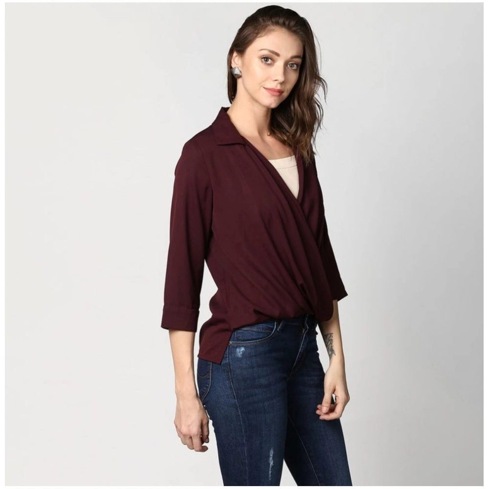 Snuggle Spot Women's Polyester Solid 3-4th Sleeves Top (Maroon)