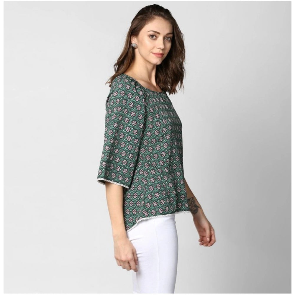 Snuggle Spot Women's Polyester Printed 3-4th Sleeves Top (Green)