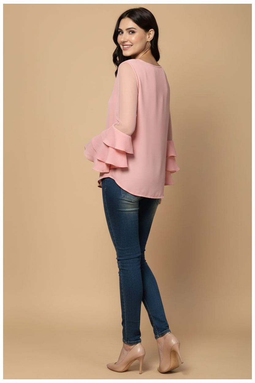 Snuggle Spot Women's Polyester Solid Tier Sleeve Top (Pink)