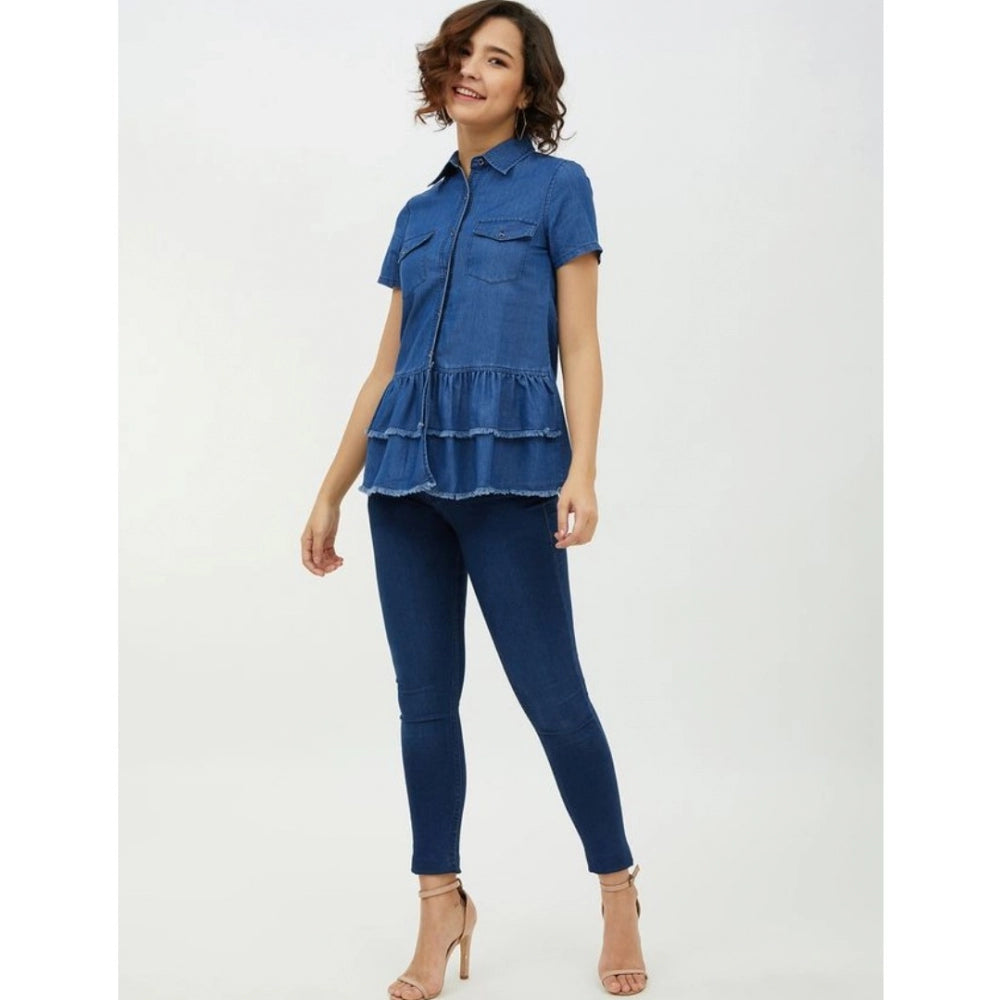 Snuggle Spot Women's Denim Peplum Short Sleeve Top (Blue)