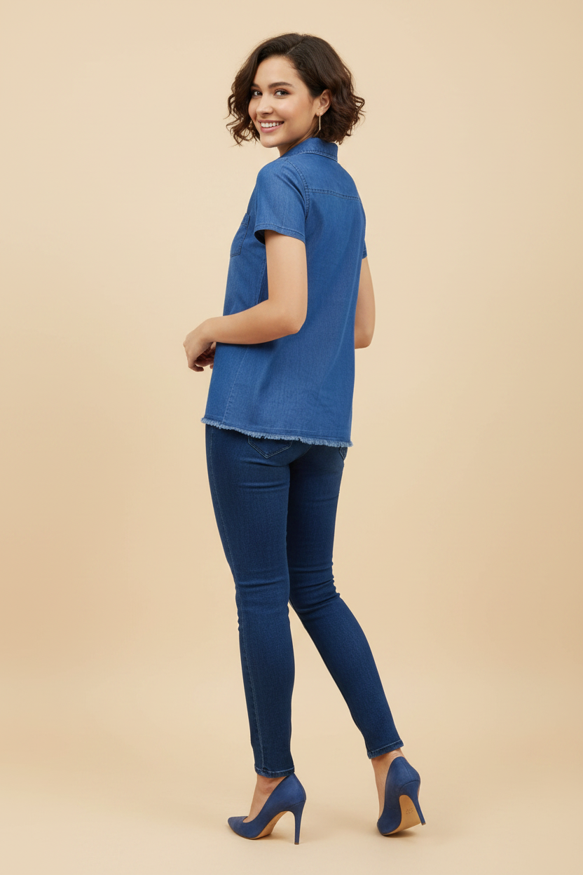 Snuggle Spot Women's Denim Peplum Short Sleeve Top (Blue)