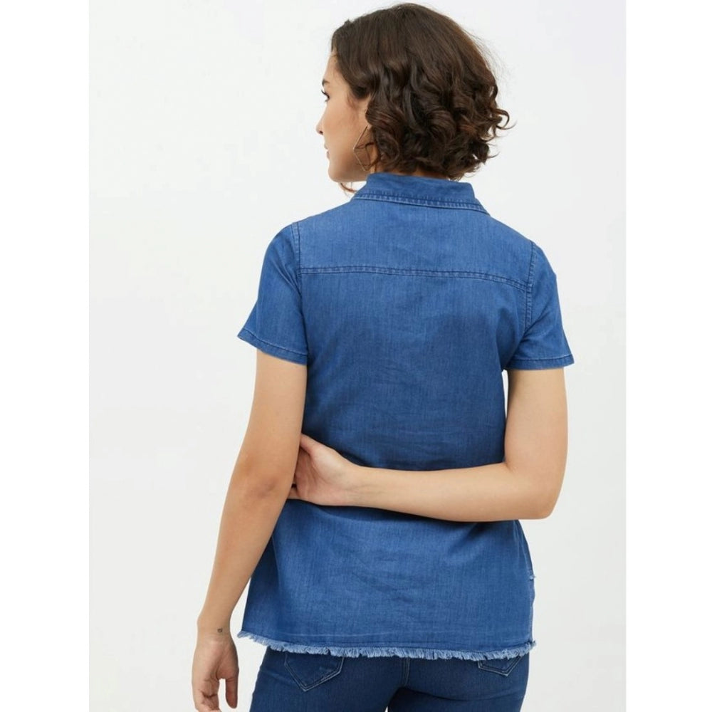 Snuggle Spot Women's Denim Peplum Short Sleeve Top (Blue)