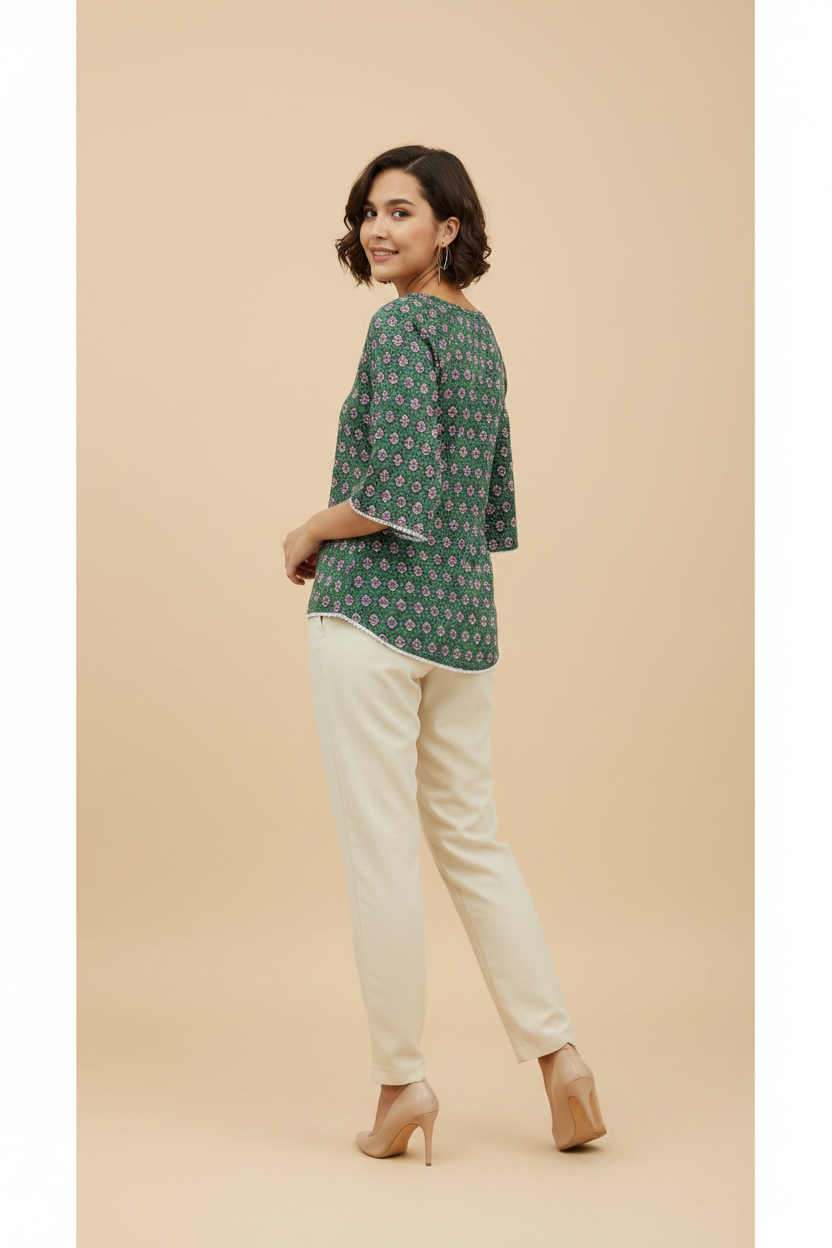 Snuggle Spot Women's Polyester Printed 3-4th Sleeves Top (Green)