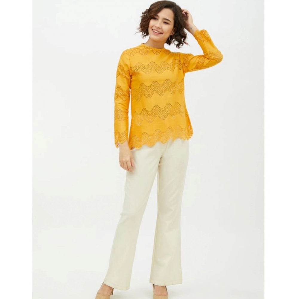 Snuggle Spot Women's Cotton Lace Inserts Long Sleeves Top (Yellow)