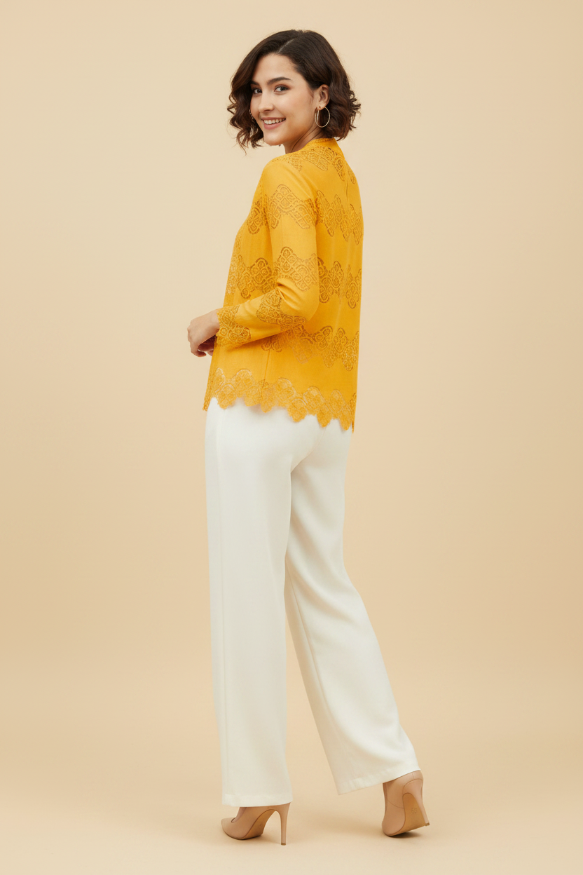 Snuggle Spot Women's Cotton Lace Inserts Long Sleeves Top (Yellow)