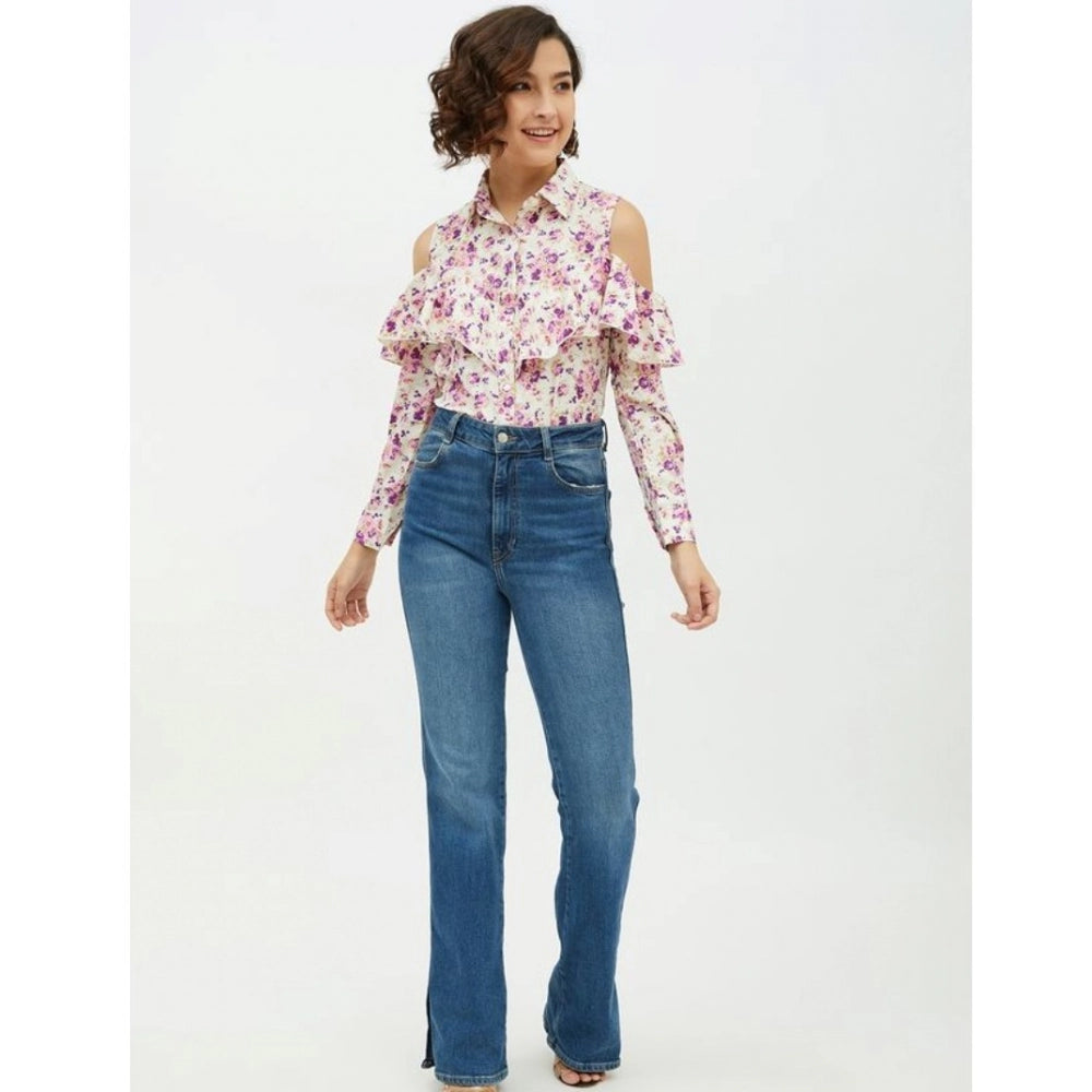 Snuggle Spot Women's Polyester Floral Cold Shoulder Standard Length Shirt (White)
