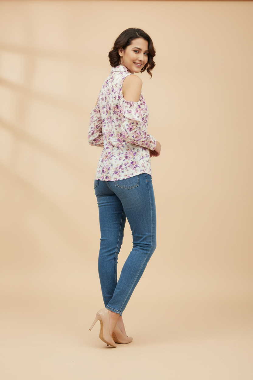 Snuggle Spot Women's Polyester Floral Cold Shoulder Standard Length Shirt (White)