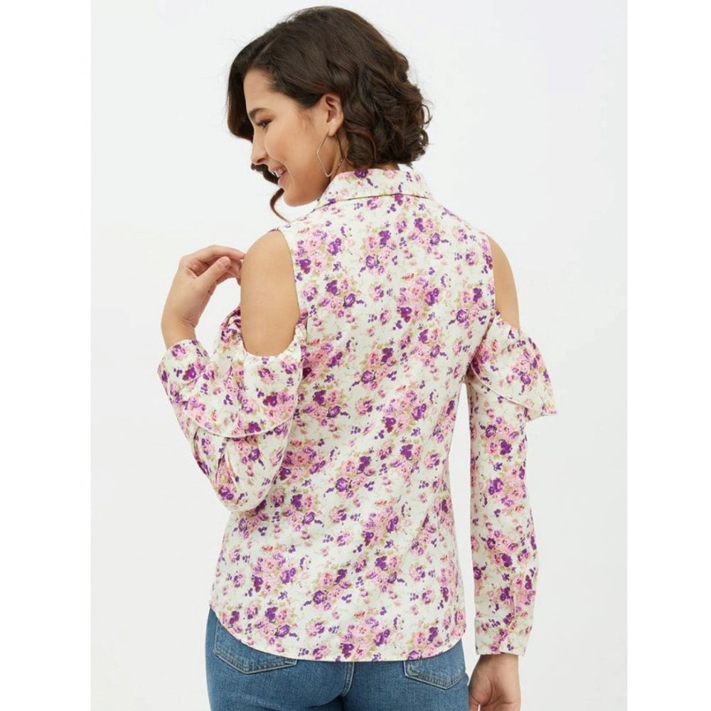 Snuggle Spot Women's Polyester Floral Cold Shoulder Standard Length Shirt (White)