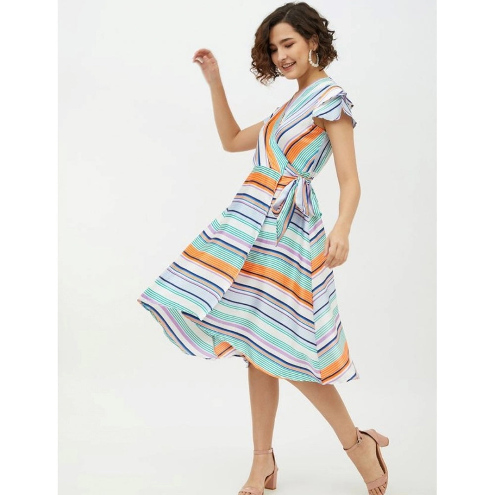 Snuggle Spot Women's Satin Striped Short Sleeve Knee-Length Dress (Multicolor)