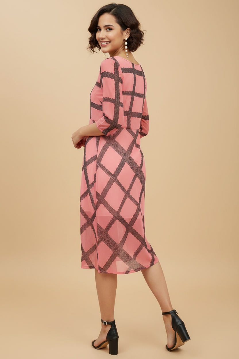 Snuggle Spot Women's Polyester Checkered 3-4th Sleeves Below Knee Dress (Pink)