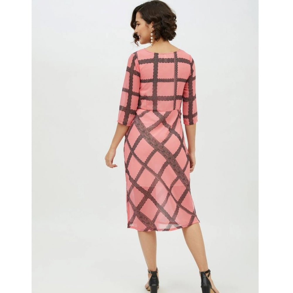 Snuggle Spot Women's Polyester Checkered 3-4th Sleeves Below Knee Dress (Pink)