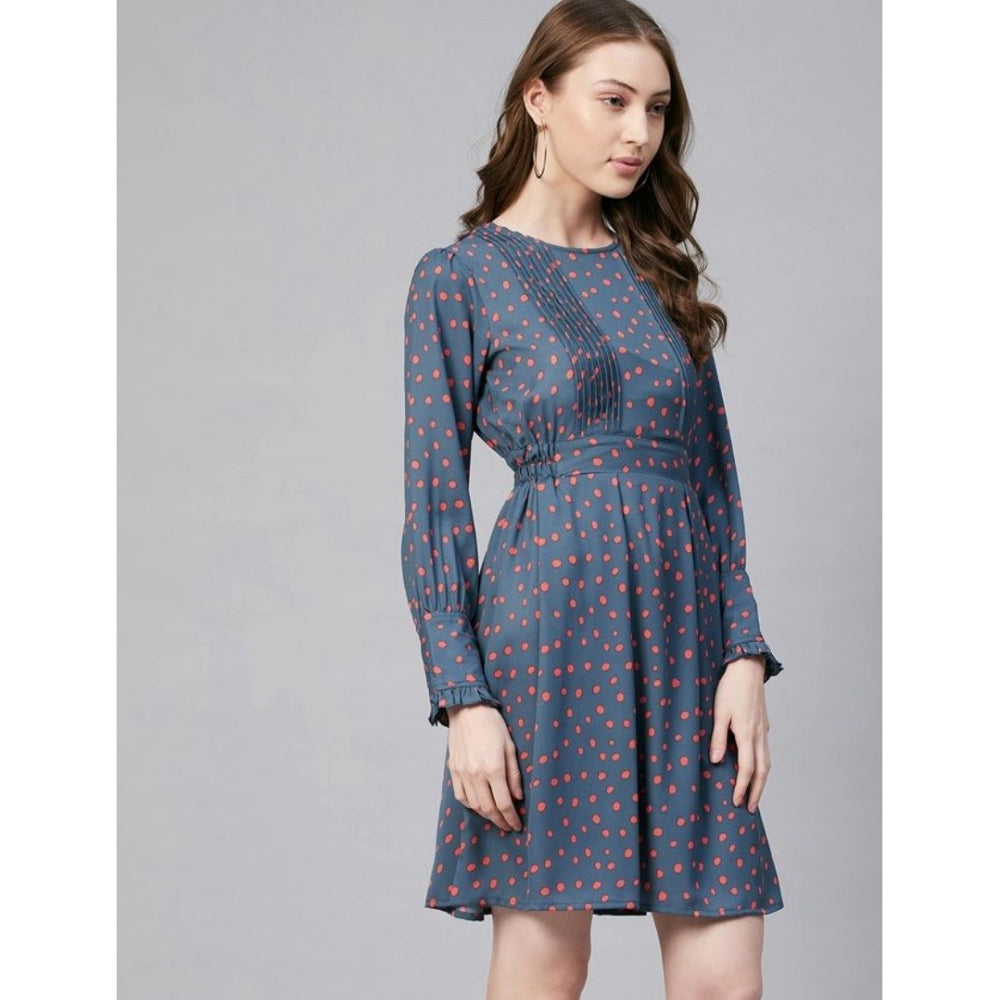 Snuggle Spot Women's Polyester Polka Long Sleeves Above Knee Dress (Grey - Coral)