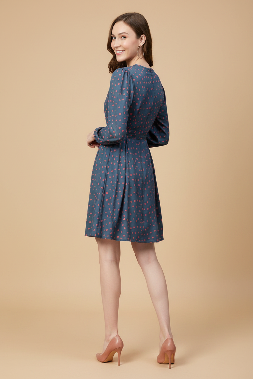 Snuggle Spot Women's Polyester Polka Long Sleeves Above Knee Dress (Grey - Coral)