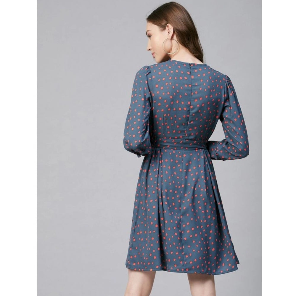 Snuggle Spot Women's Polyester Polka Long Sleeves Above Knee Dress (Grey - Coral)
