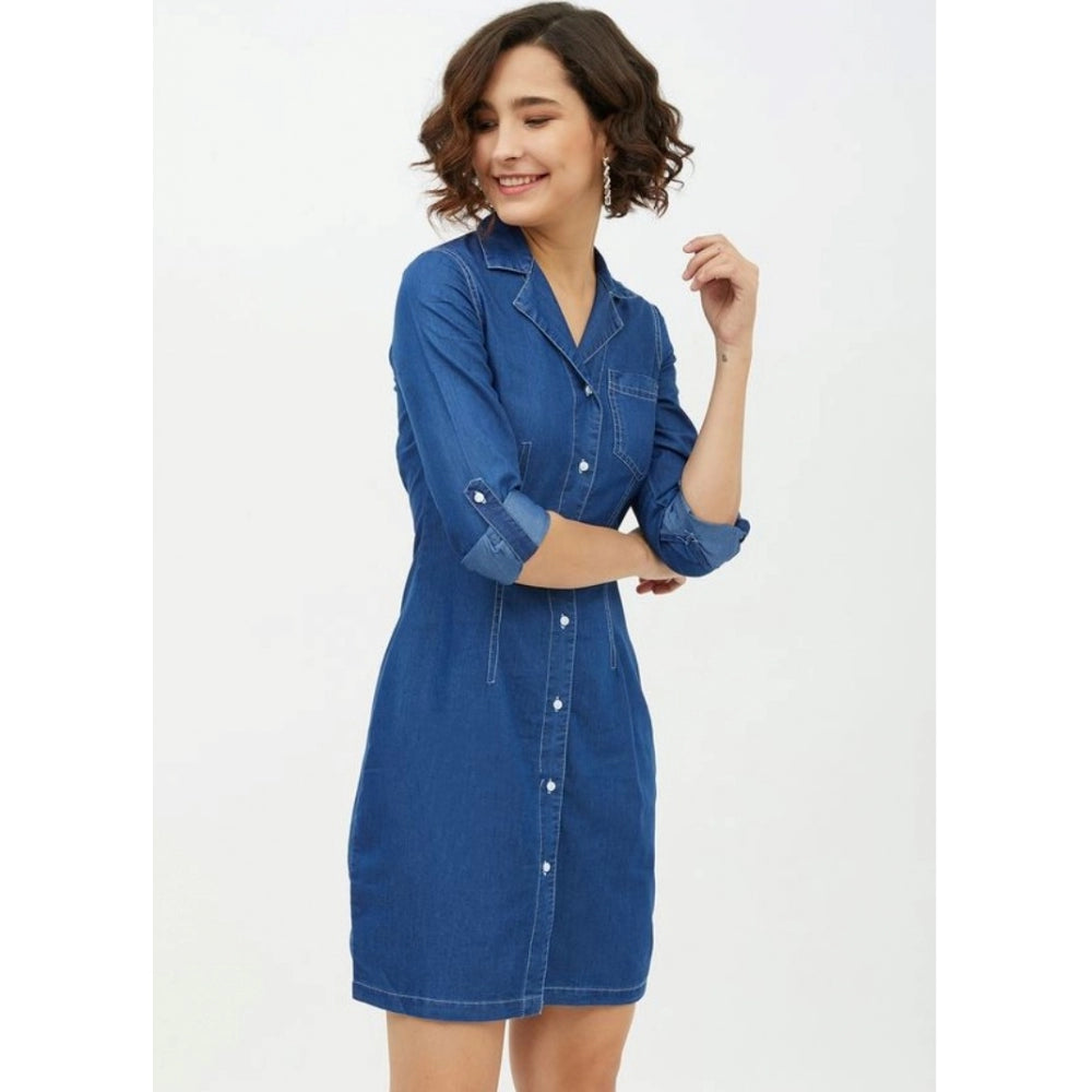 Snuggle Spot Women's Denim Solid Long Sleeves Above Knee Dress (Blue)