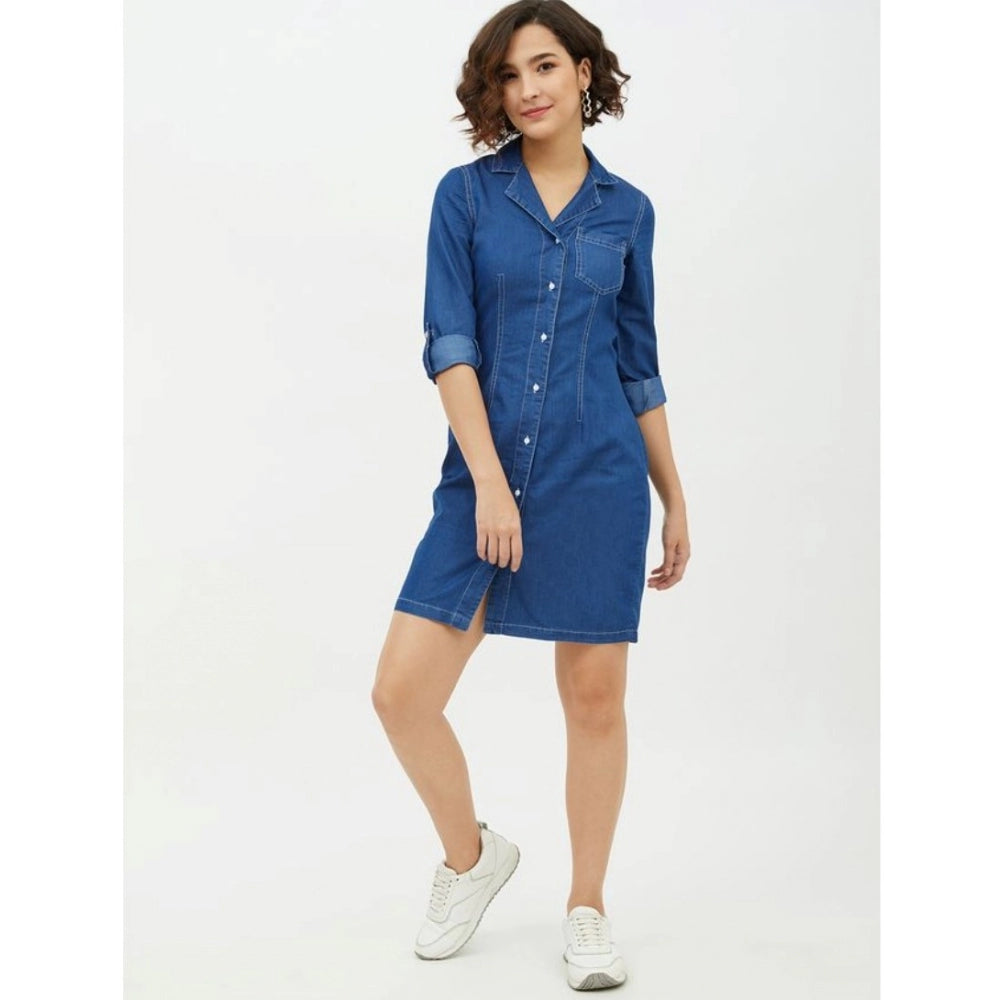 Snuggle Spot Women's Denim Solid Long Sleeves Above Knee Dress (Blue)