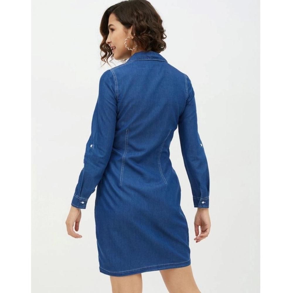 Snuggle Spot Women's Denim Solid Long Sleeves Above Knee Dress (Blue)