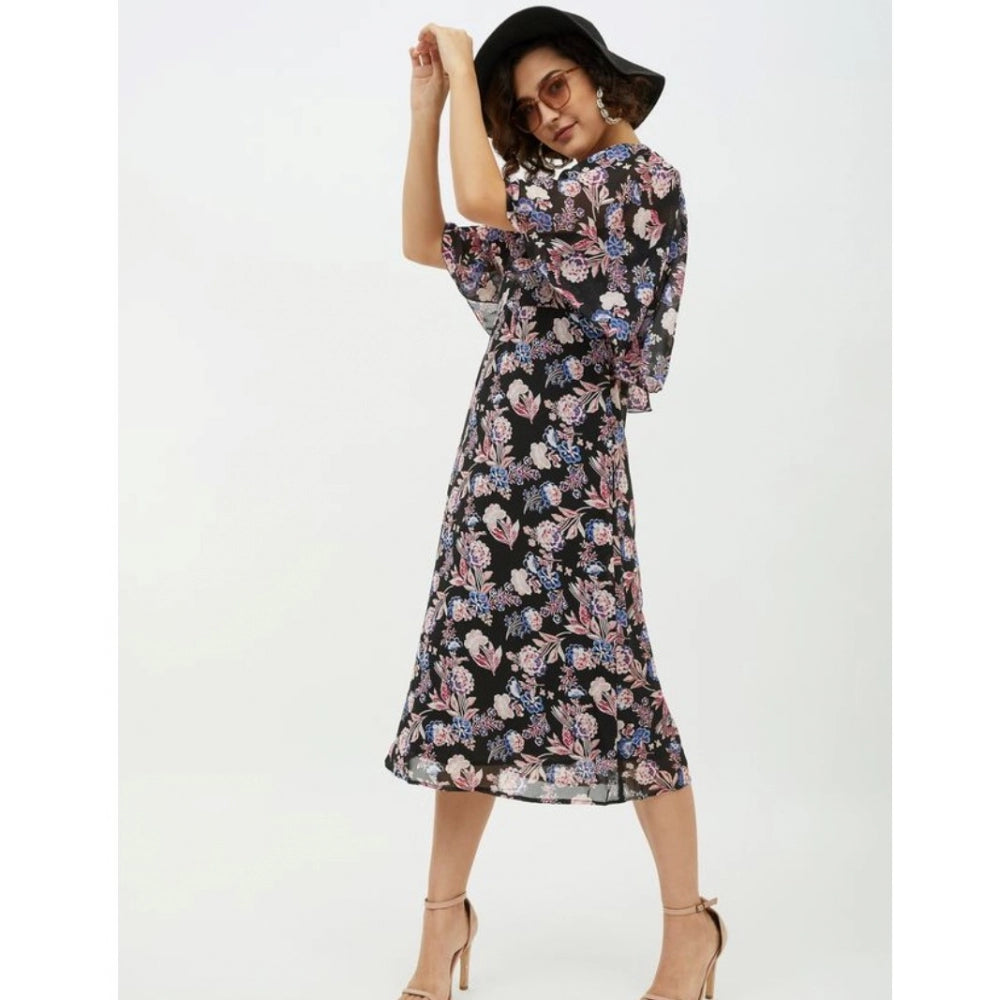 Snuggle Spot Women's Polyester Chain Print Cap Sleeve Calf-length Dress (Multicolor)