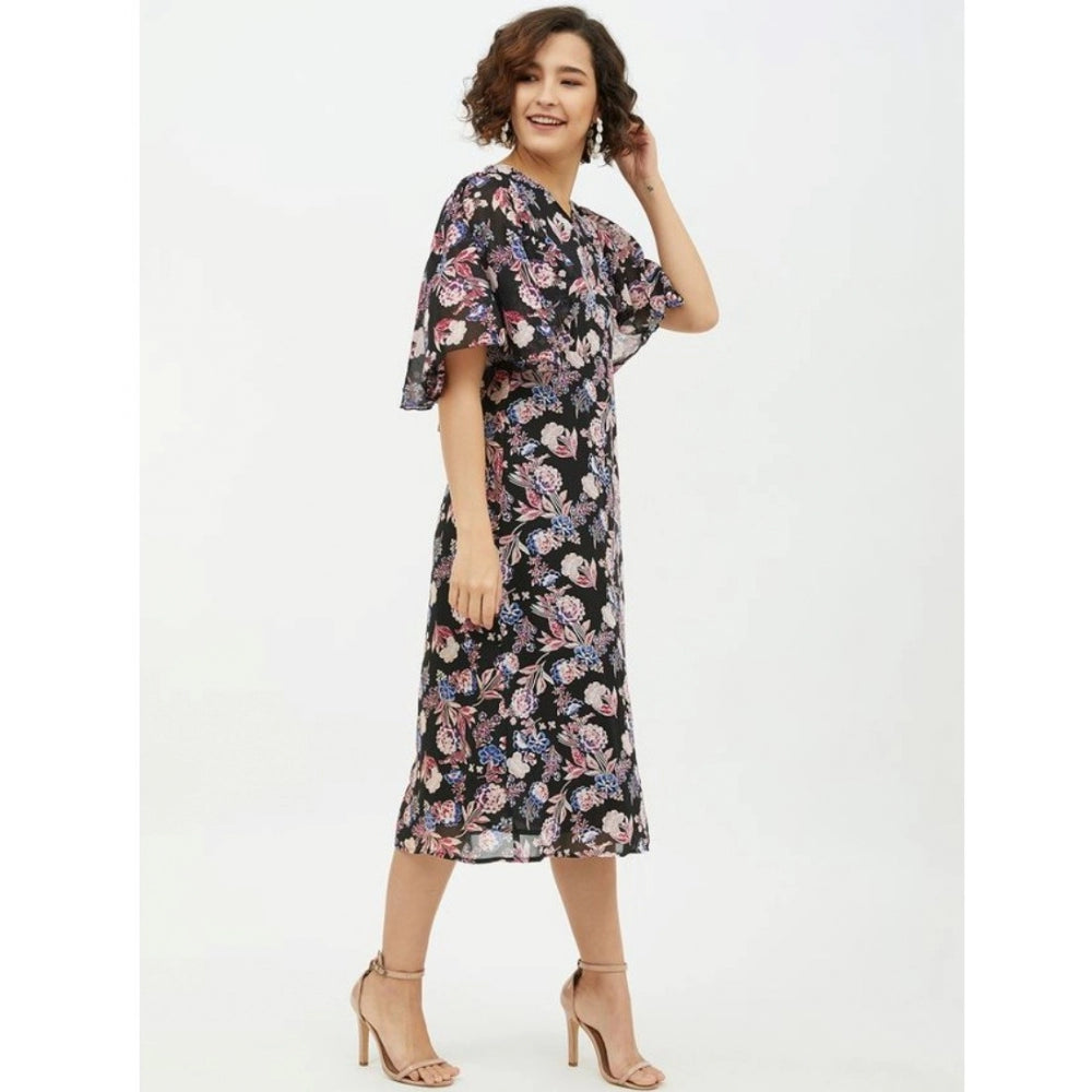 Snuggle Spot Women's Polyester Chain Print Cap Sleeve Calf-length Dress (Multicolor)