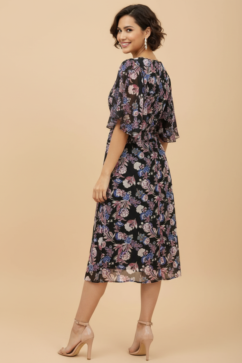 Snuggle Spot Women's Polyester Chain Print Cap Sleeve Calf-length Dress (Multicolor)